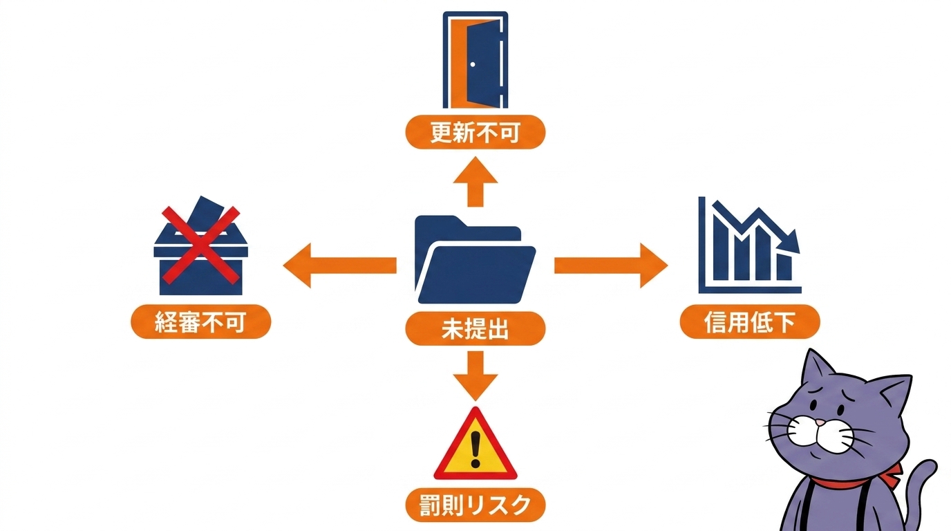 決算変更届を5年分放置した場合に起きる4つのリスクを図解したイラスト