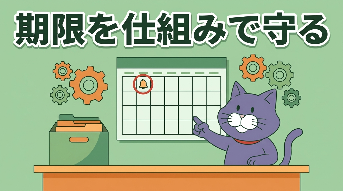 カレンダーと歯車で決算変更届の提出忘れを仕組みで防ぐイメージのイラスト