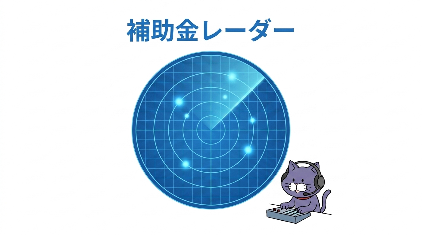 補助金レーダーが補助金を常時チェックするイメージ