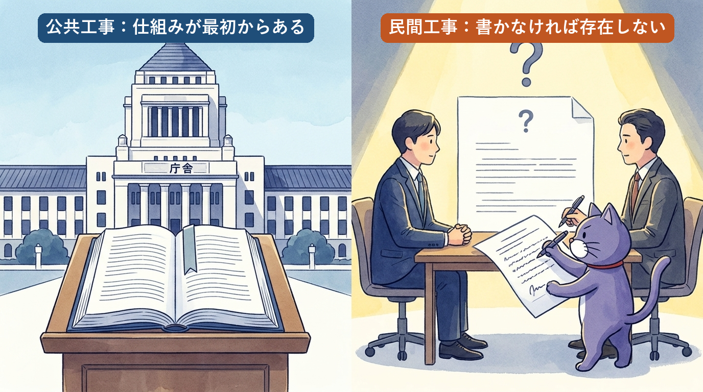 民間工事と公共工事でスライド条項の扱いが異なることを示すイメージ図