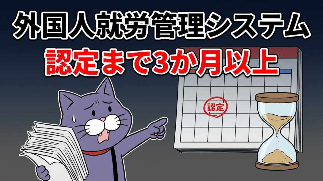 外国人就労管理システム 認定まで3か月以上かかることを示すアイキャッチ