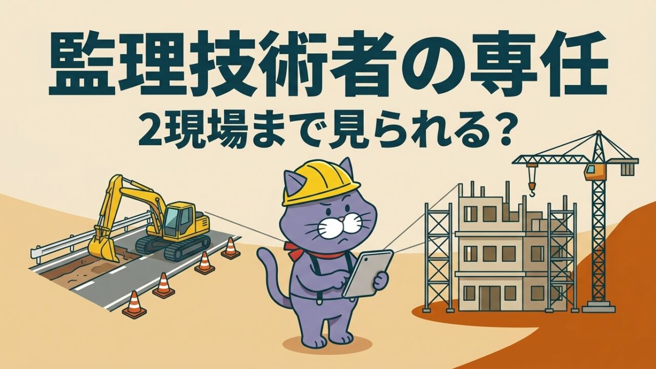 ヘルメットをかぶった猫のマスコットが、道路工事の現場と建物の現場の間に立ち、タブレットで両方を確認している