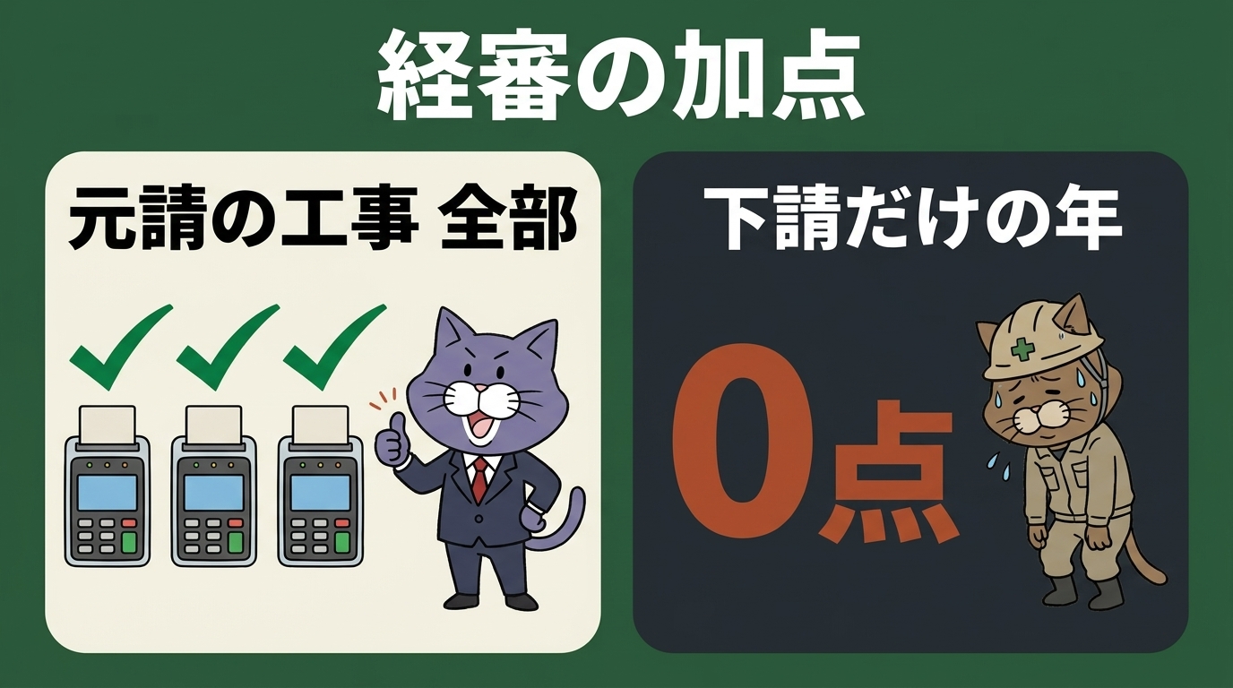 経審W点の対象は元請工事の全件。下請専業では加点0になることを示した図