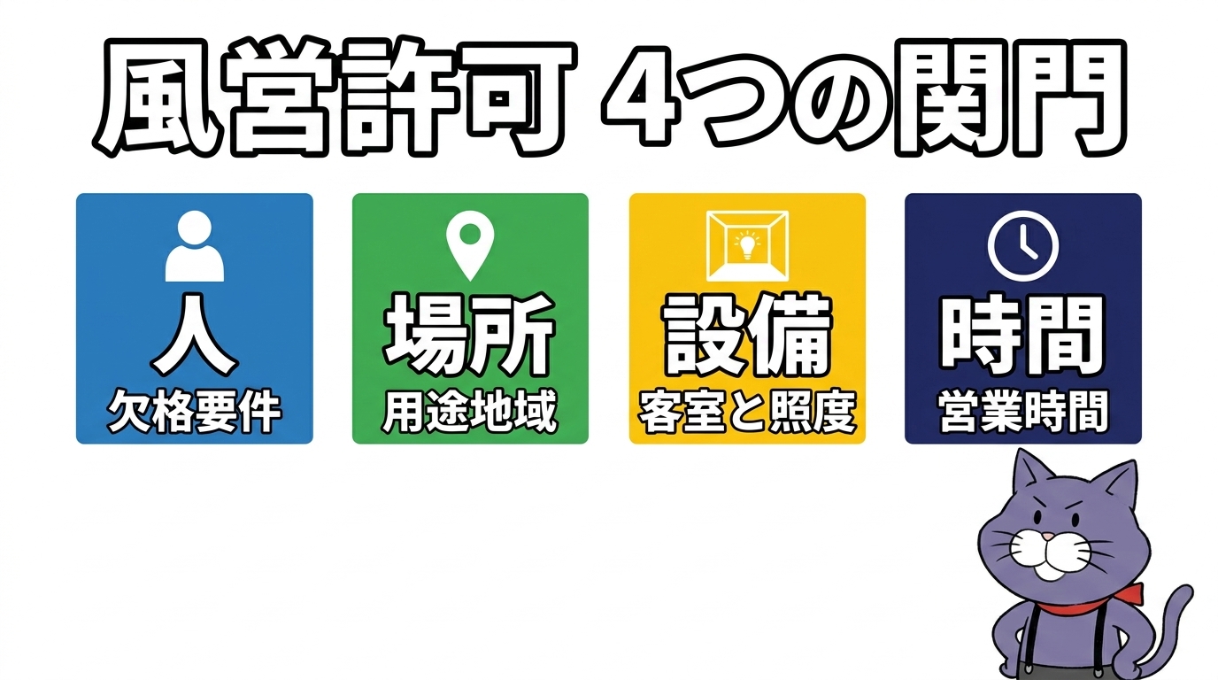 風営許可で確認する4つの要件（人・場所・設備・時間）