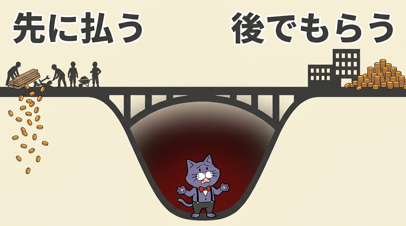 建設業は材料費と労務費を先に支払い、工事が完成して検査が終わってから入金される。支払いと入金のズレを社長の手元資金が埋めている構造