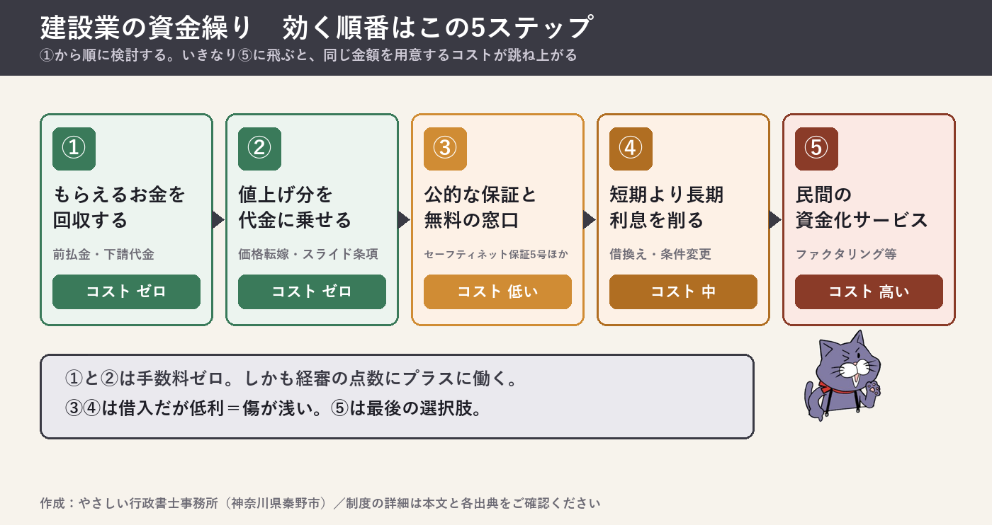 建設業の資金繰り対策を効く順番に並べた5ステップ。もらえるお金の回収、価格転嫁、公的な保証と無料相談、借入の長期化と利息の圧縮、最後に民間の資金化サービス