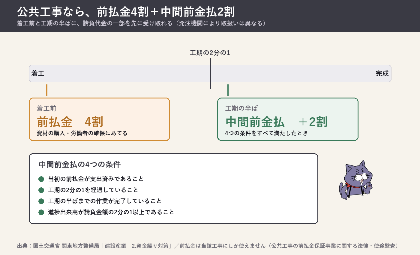 公共工事の前金払は請負代金額の4割を着工前に受け取れる制度。中間前金払は工期の2分の1経過など4つの条件を満たすと2割を追加で受け取れる