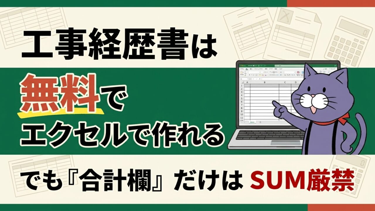 工事経歴書はエクセルで無料で作れる。ただし合計欄はSUMで出してはいけない