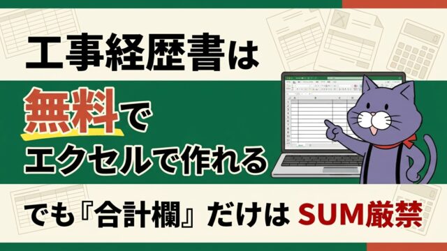 工事経歴書はエクセルで無料で作れる。ただし合計欄はSUMで出してはいけない