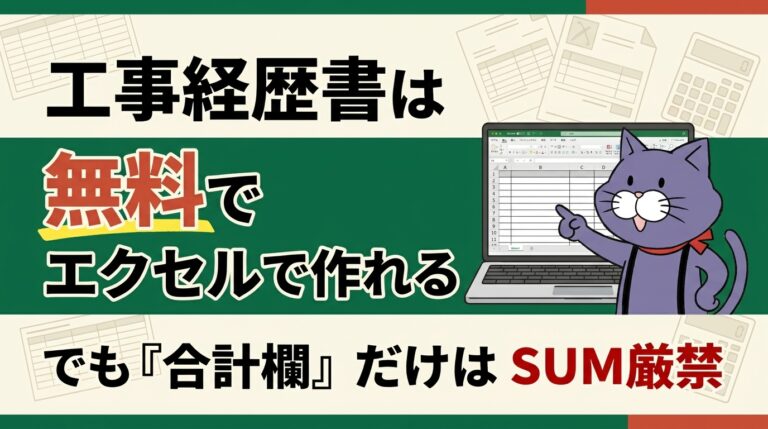 工事経歴書はエクセルで無料で作れる。ただし合計欄はSUMで出してはいけない