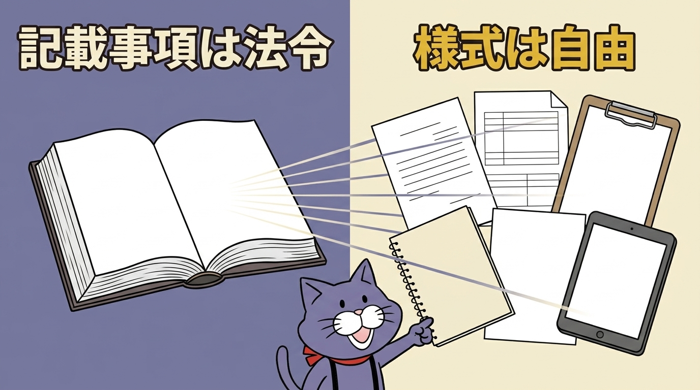 法令が定めているのは記載事項だけで、様式は自由。6項目と外国人従事状況を満たしていれば、自社で作った表でも、業界団体の統一様式でも構わない。