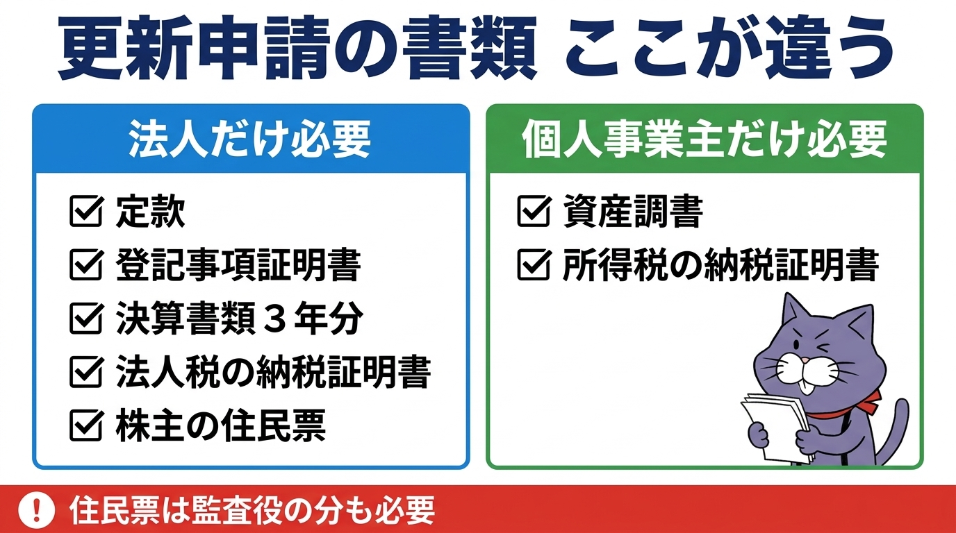 産業廃棄物収集運搬業の更新申請で必要な書類を法人と個人事業主に分けて整理したチェックリスト