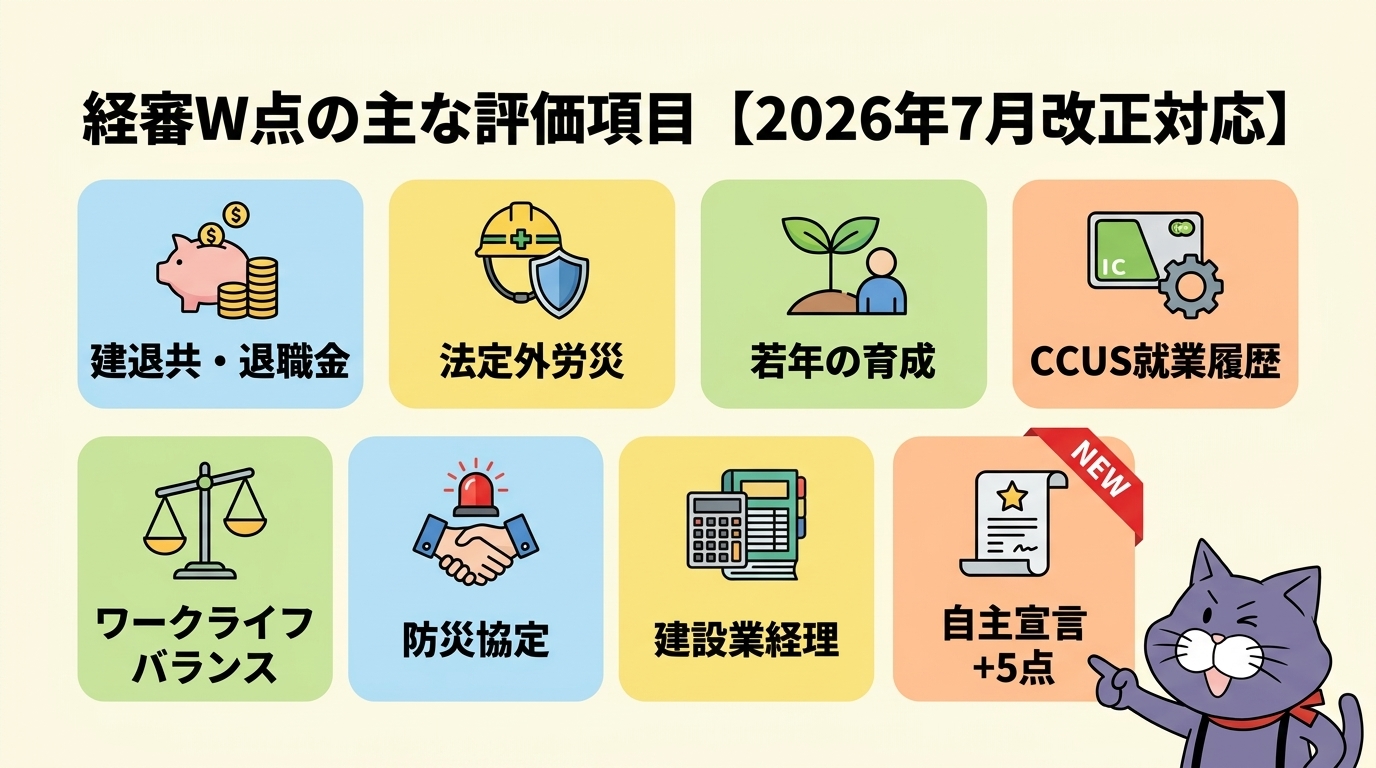 経審W点の主な評価項目のカード図（建退共・育成・防災・自主宣言など・2026年7月改正対応）