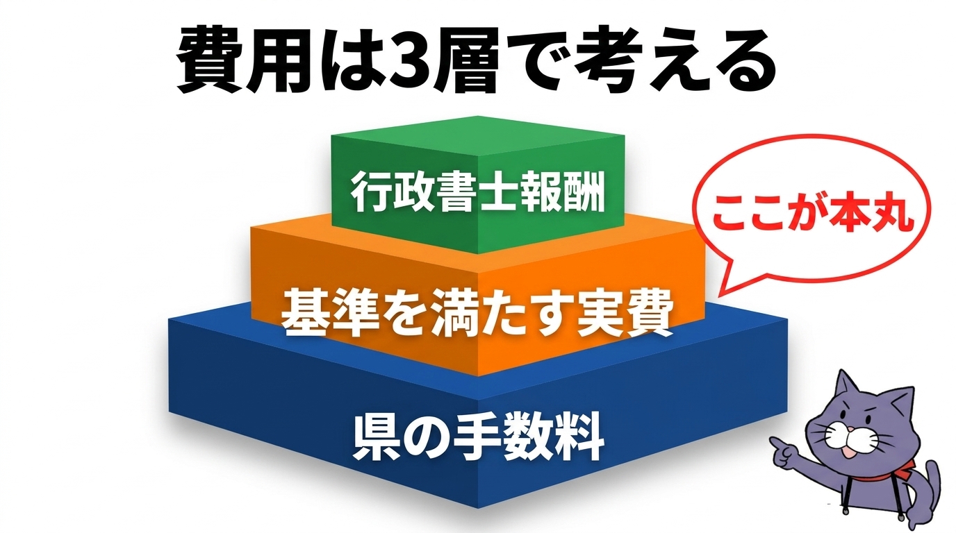 優良認定の費用を3層（県手数料・実費・行政書士報酬）に分けて整理した図解