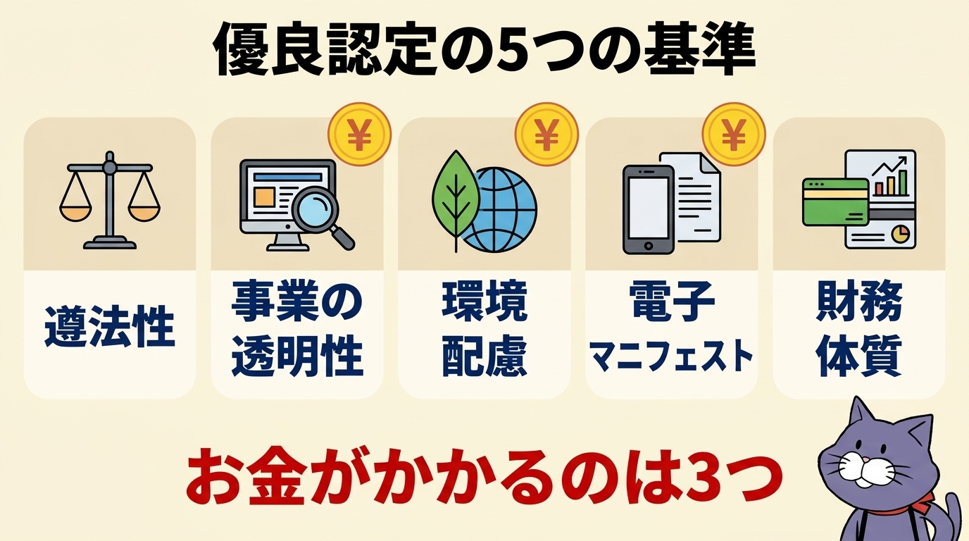 優良認定の5つの基準（遵法性・透明性・環境配慮・電子マニフェスト・財務体質）を示す図