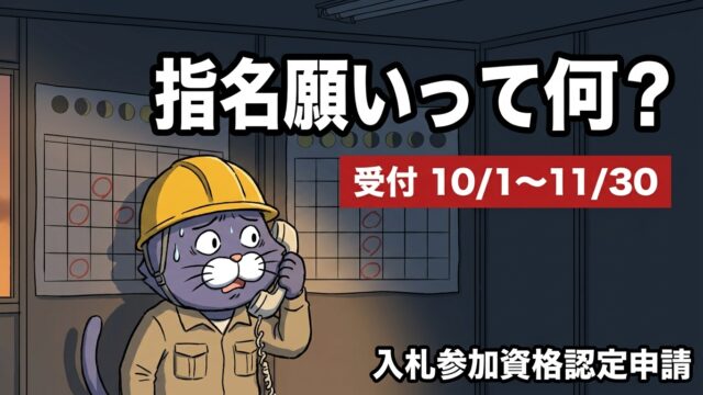 電話を受けて困り顔の猫の作業員。指名願いって何？受付10/1〜11/30の文字