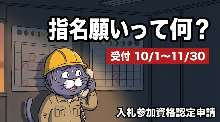 電話を受けて困り顔の猫の作業員。指名願いって何?受付10/1〜11/30の文字