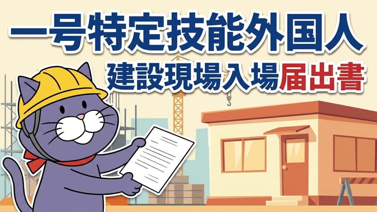 ヘルメット姿の猫のマスコットが現場事務所へ届出書を差し出している。一号特定技能外国人 建設現場入場届出書の文字