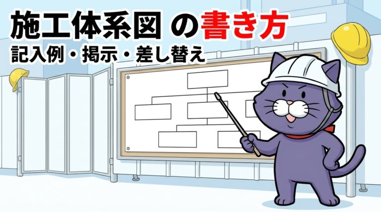 現場の掲示板に貼られた樹状図を、ヘルメット姿の猫のマスコットが指し棒で説明している。施工体系図の書き方 記入例・掲示・差し替えの文字