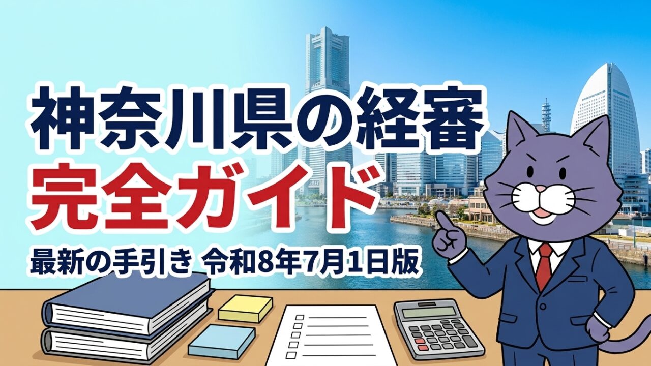 資料を指差す猫のマスコット。神奈川県の経審 完全ガイド 最新の手引き 令和8年7月1日版
