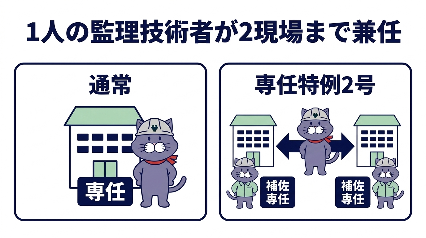 専任特例2号のしくみ:監理技術者1人が、監理技術者補佐を専任で置いた2つの現場を兼任する図