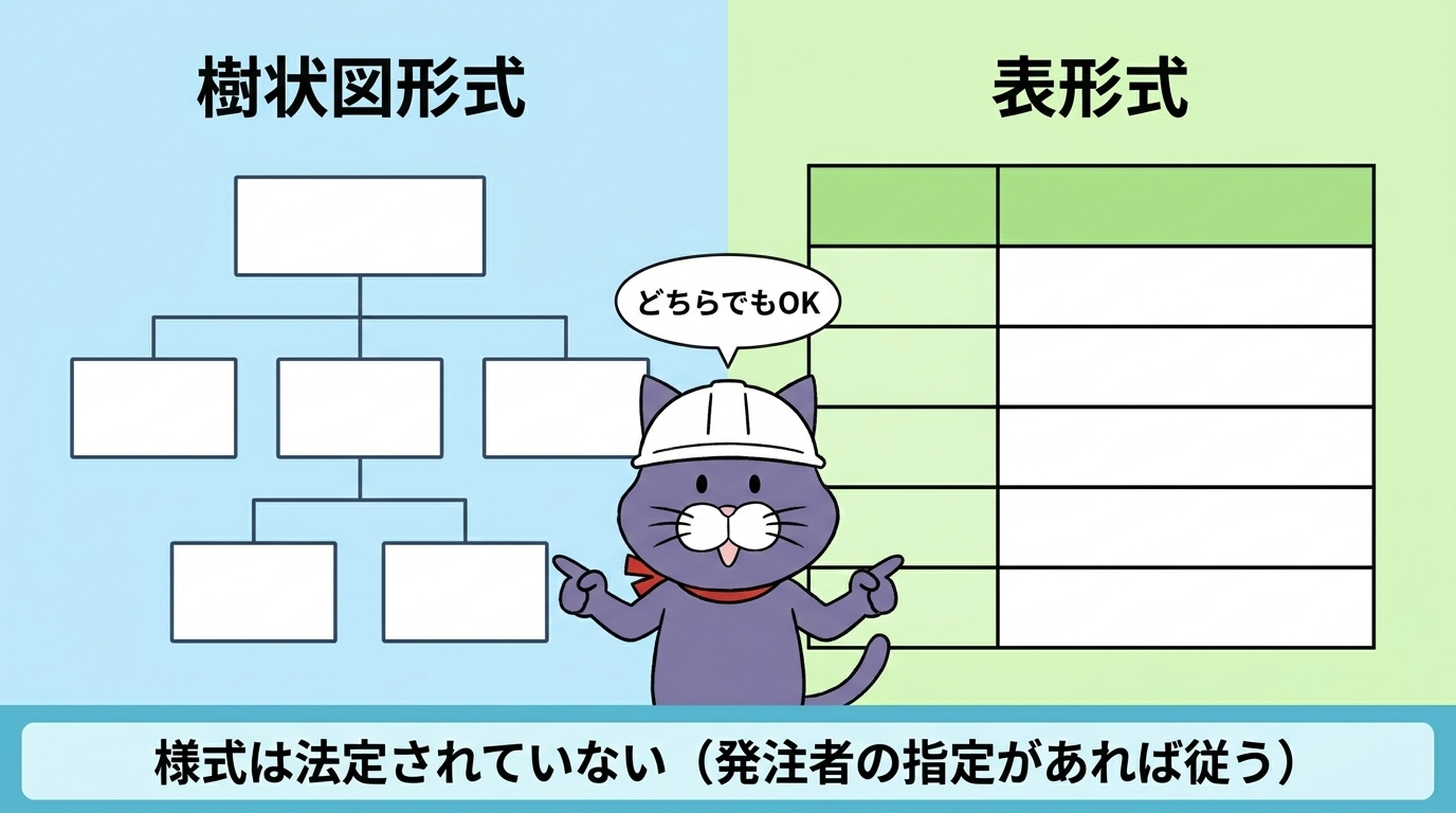 施工体系図の樹状図形式と表形式の比較