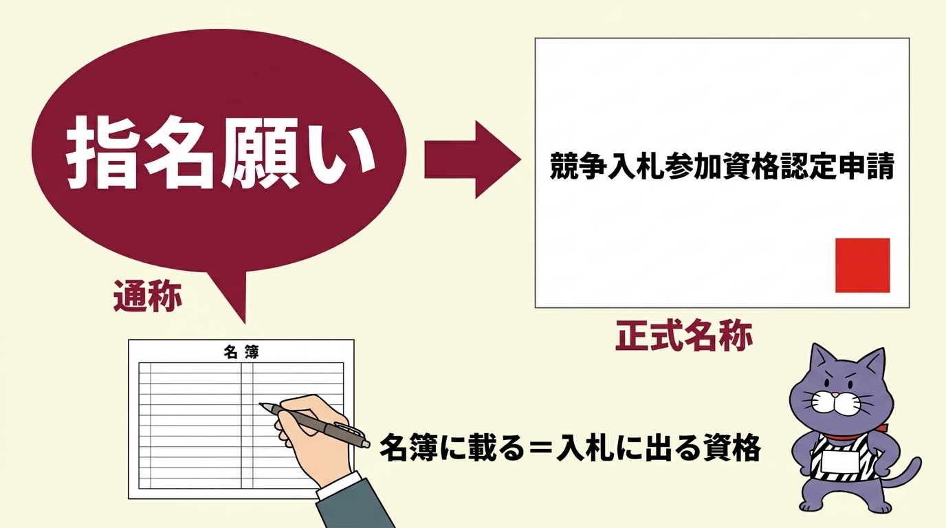 「指名願い」は通称、正式名称は競争入札参加資格認定申請。認定されると入札参加資格者名簿に載ることを示した図
