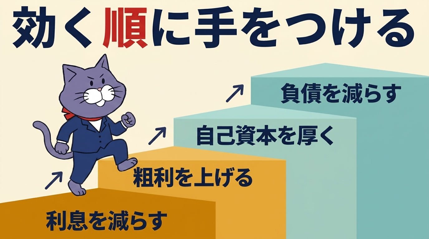 Y点対策の効く順番。①純支払利息比率29.9%、②総資本売上総利益率21.4%、③自己資本比率14.6%、④負債回転期間11.4%