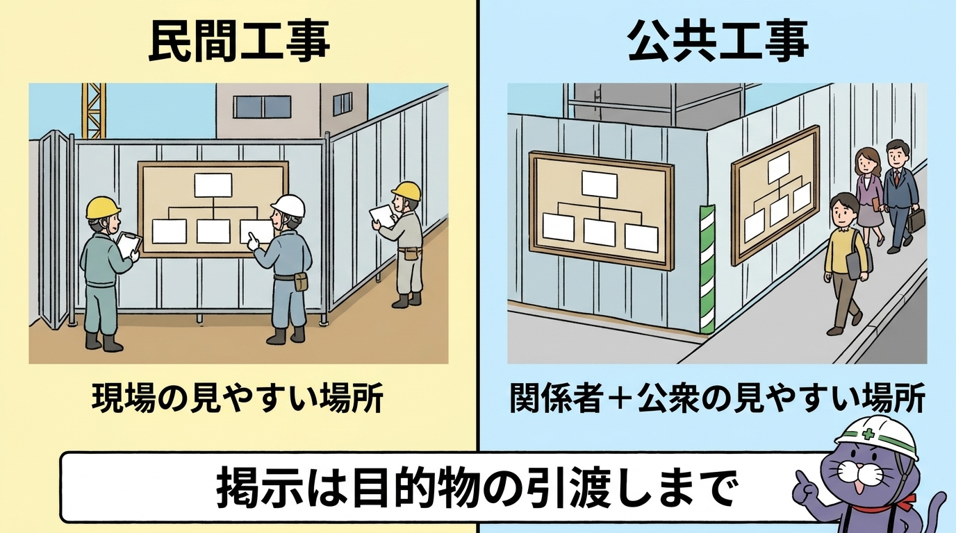 施工体系図の掲示場所と期間 民間工事と公共工事
