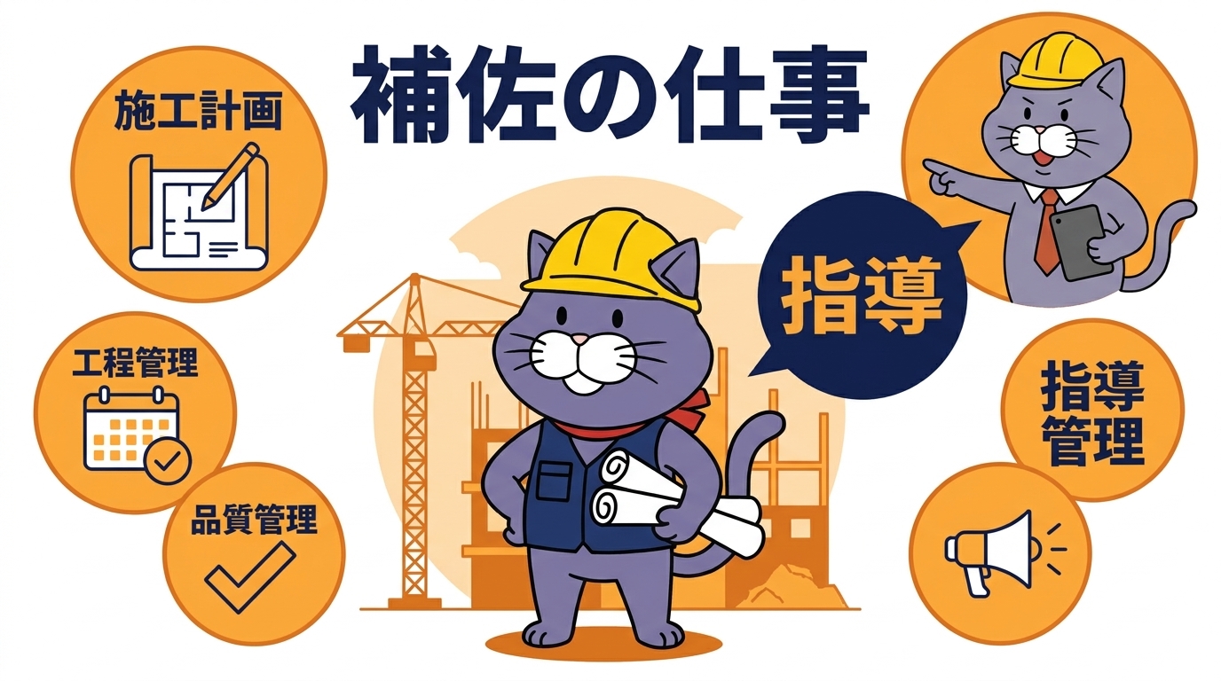 監理技術者補佐の職務:施工計画・工程管理・品質管理・技術的指導を現場で担い、兼任する監理技術者が指導する図