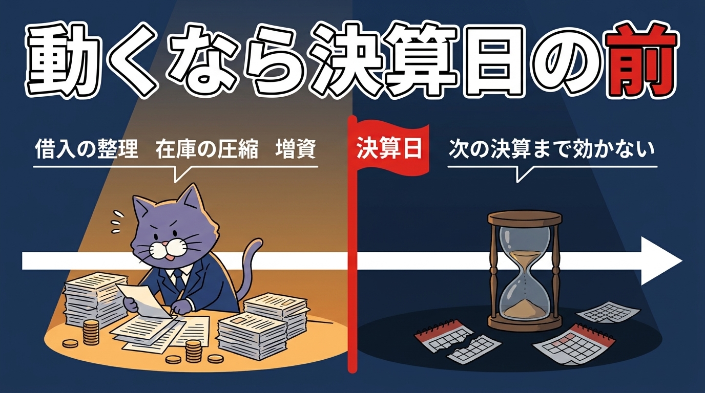 Y点対策のタイミング。決算日の前に借入整理・在庫圧縮・増資を済ませる。決算日を過ぎたら次の決算まで効かない