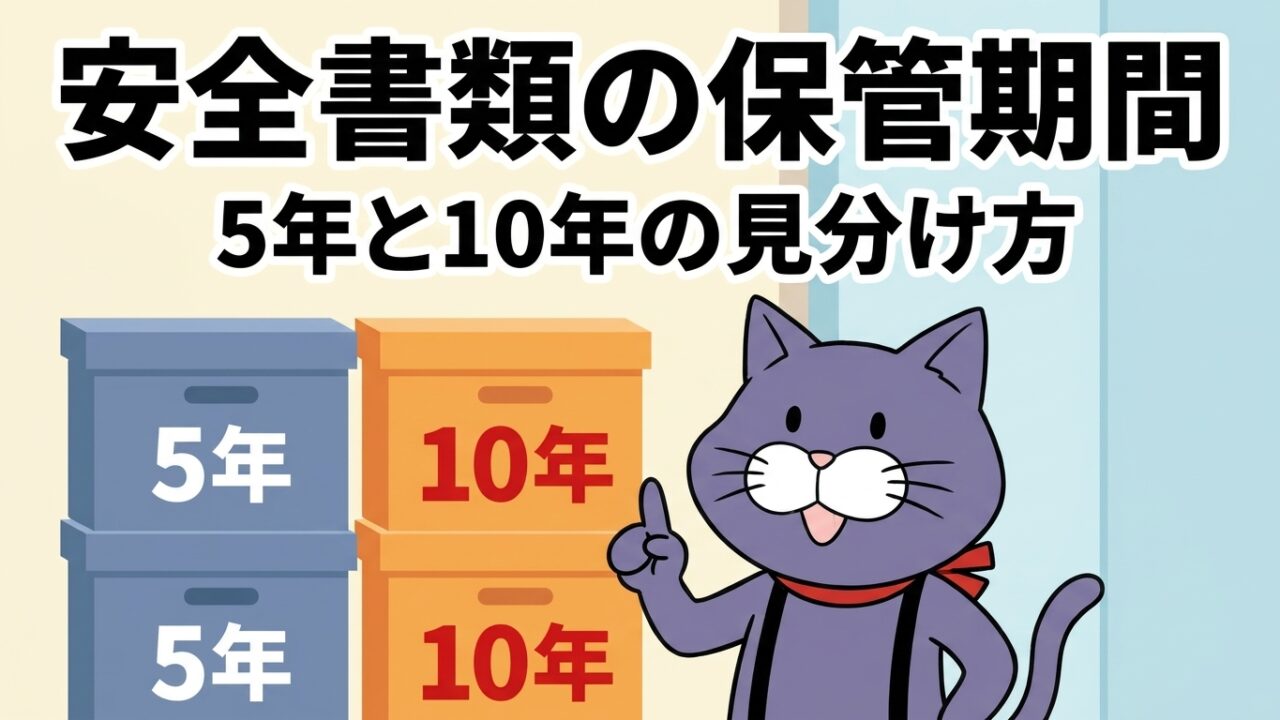 安全書類の保管期間は5年と10年に分かれることを示すアイキャッチ