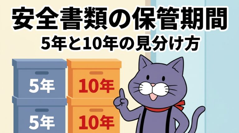 安全書類の保管期間は5年と10年に分かれることを示すアイキャッチ