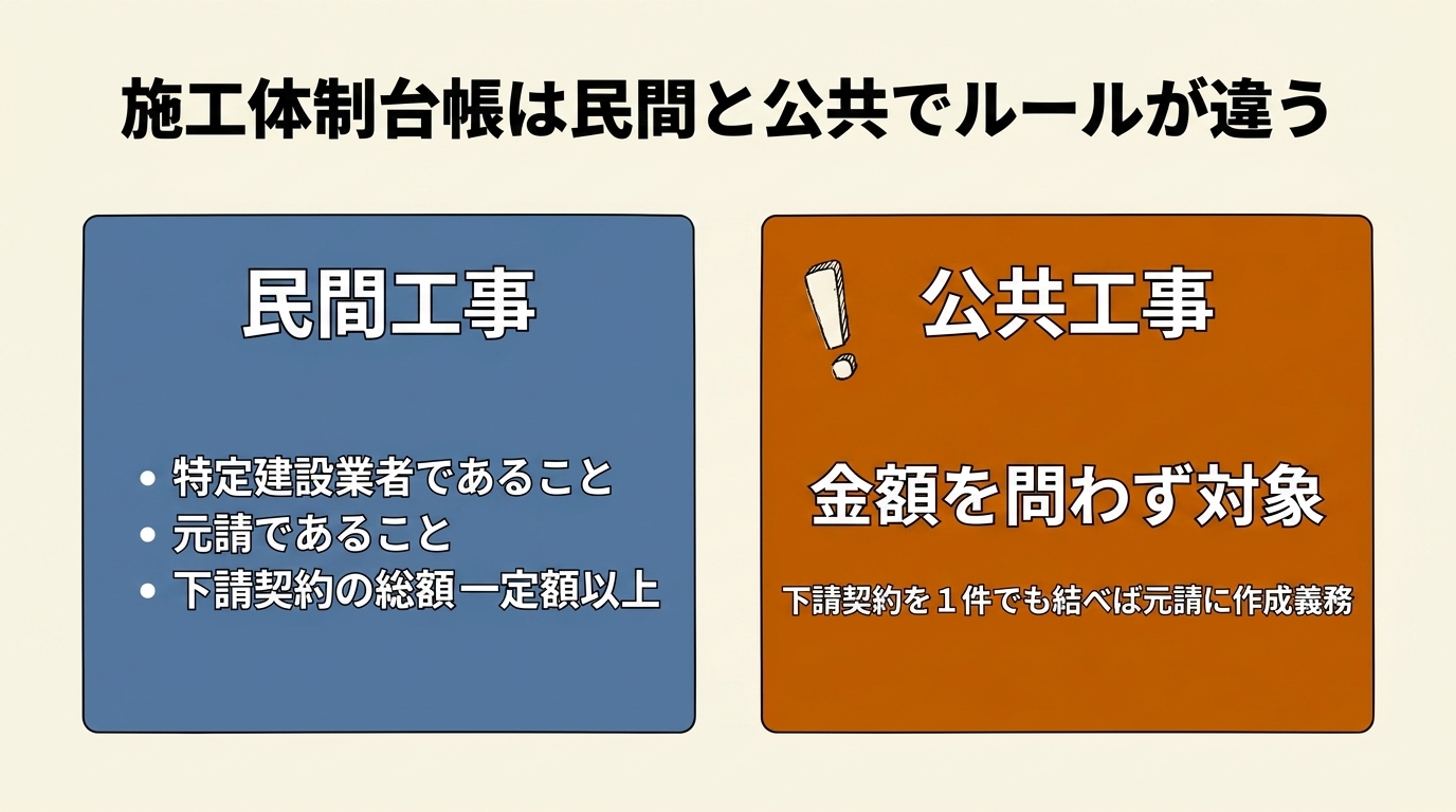 施工体制台帳の作成義務。民間工事は特定建設業者が一定額以上の下請契約を結ぶ場合、公共工事は金額を問わず下請契約を1件でも結べば対象