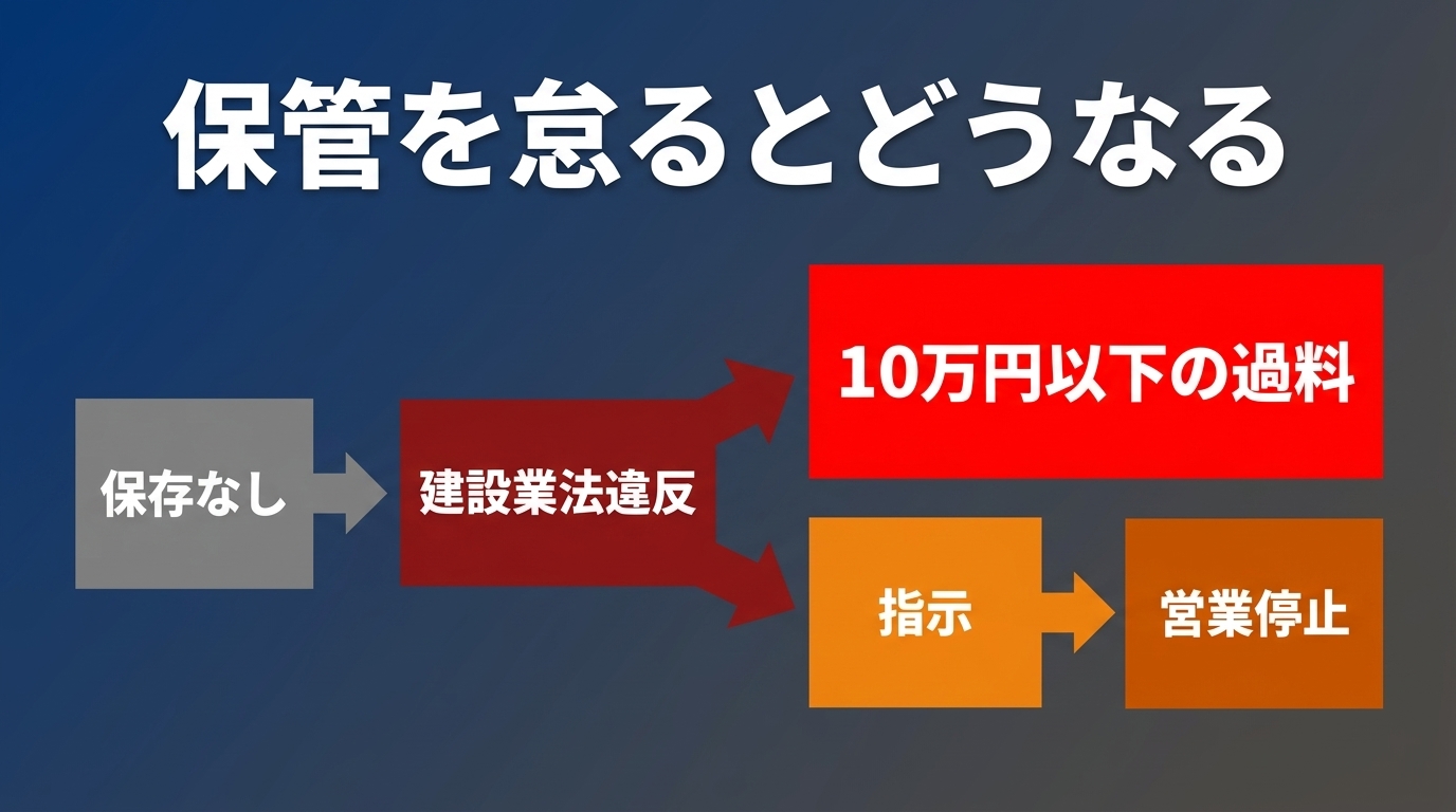 保管義務を守らないと建設業法違反となり10万円以下の過料。さらに指示処分、従わなければ1年以内の営業停止に発展することもある