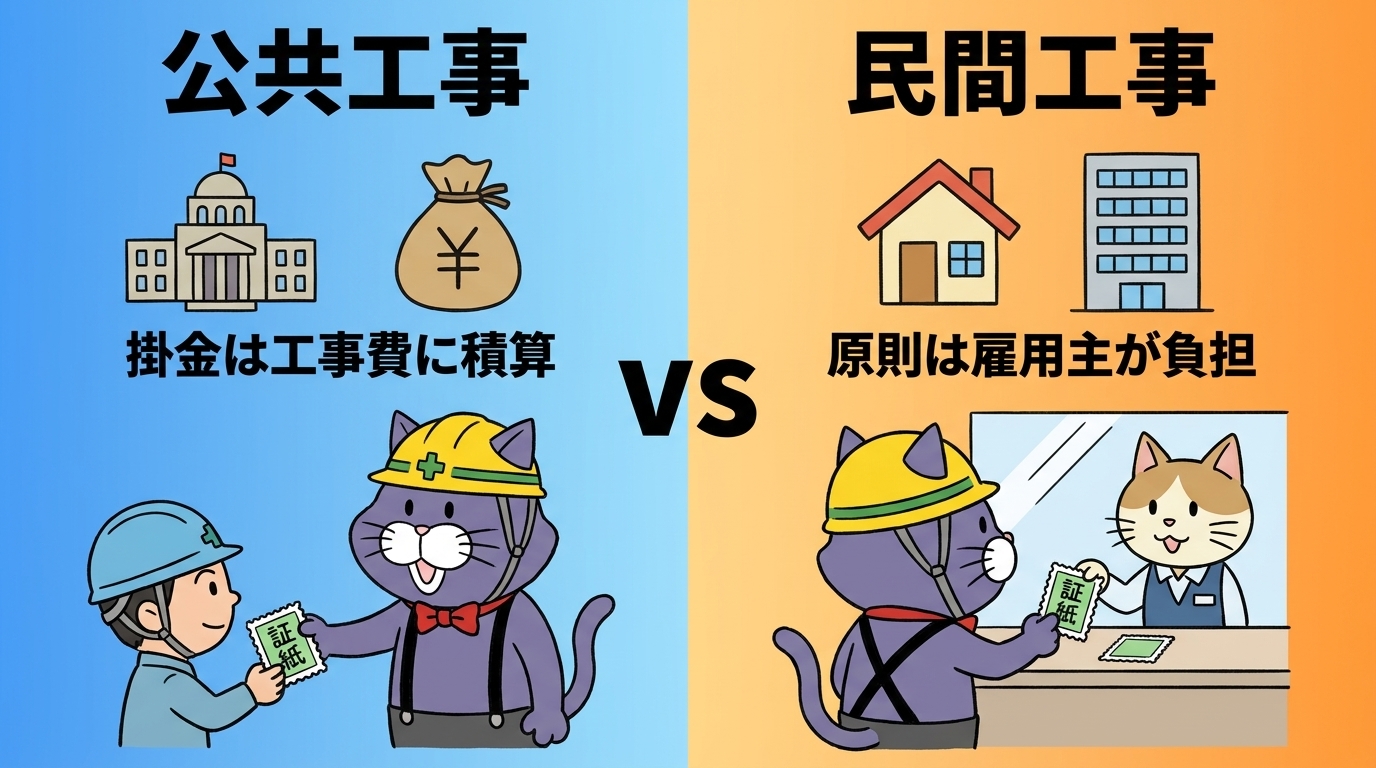 公共工事は建退共の掛金が工事費に積算され元請が証紙を交付、民間工事は原則として雇用主が負担する違いを示す比較図