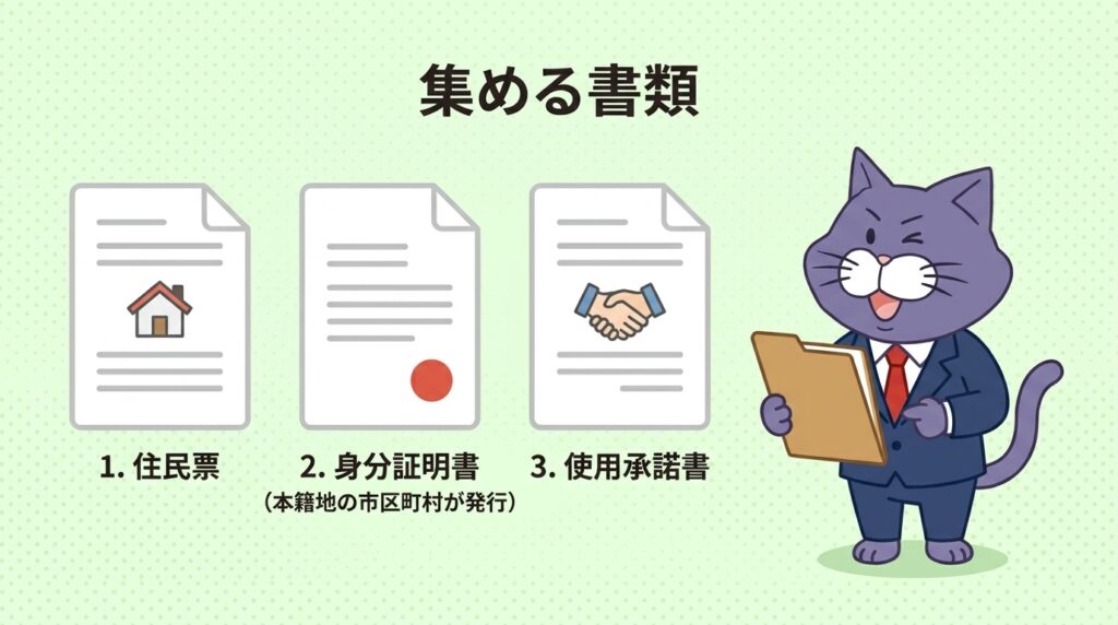 集める書類(住民票・本籍地の市区町村が発行する身分証明書・使用承諾書)