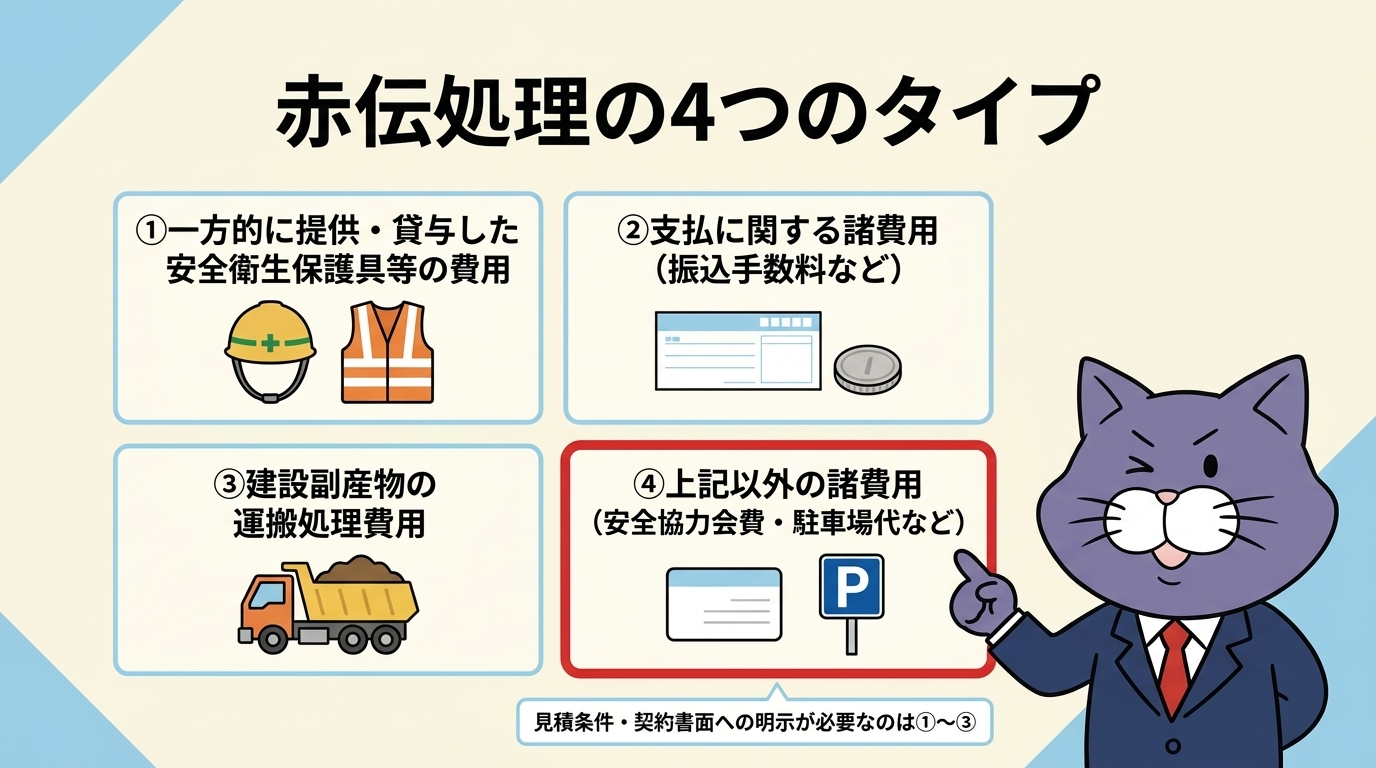 赤伝処理の4つのタイプ。安全協力会費は4つ目の上記以外の諸費用に入る。見積条件・契約書面への明示が必要なのは1〜3