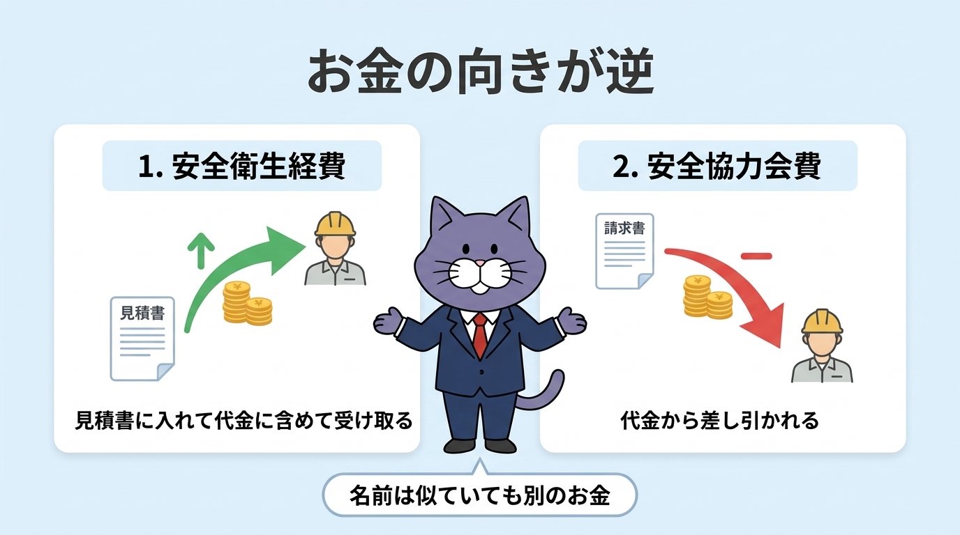 安全衛生経費は見積書に入れて代金に含めて受け取る。安全協力会費は代金から差し引かれる