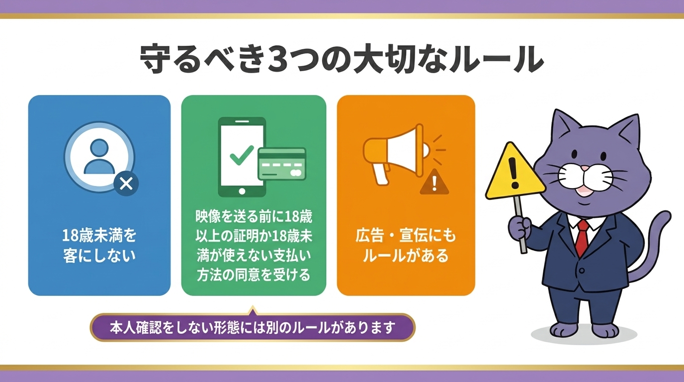 映像送信型性風俗特殊営業で守るべき3つのルール（18歳未満を客にしない・映像を送る前に、18歳以上である証明か、18歳未満が通常利用できない方法で料金を支払う旨の同意を受ける・広告・宣伝にもルールがある。本人確認をしない形態には別のルールがあります）