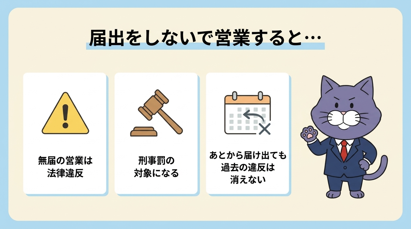 届出をしないで営業すると（無届の営業は法律違反・刑事罰の対象になる・あとから届け出ても過去の違反は消えない）