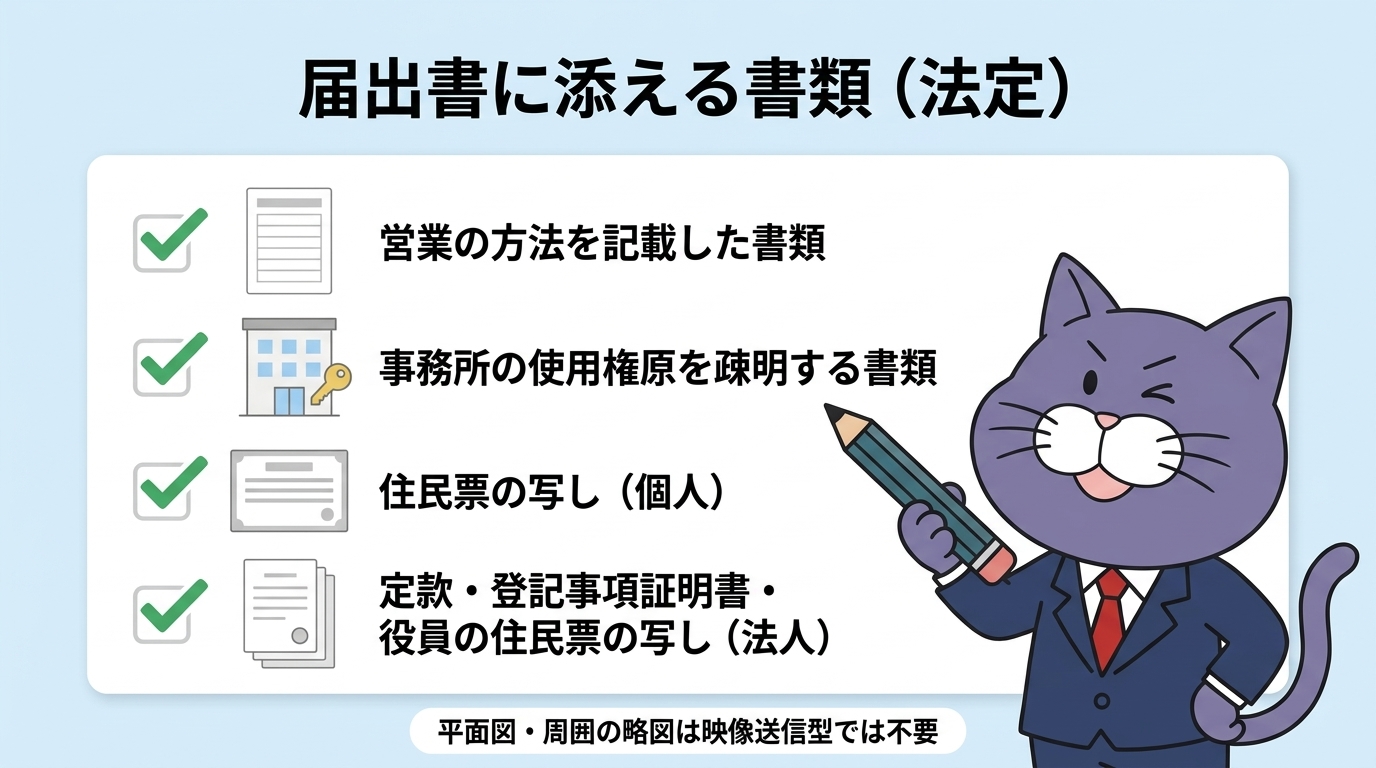 映像送信型性風俗特殊営業の届出書に添える法定の書類（営業の方法を記載した書類・事務所の使用権原を疎明する書類・個人は住民票の写し・法人は定款・登記事項証明書・役員の住民票の写し）