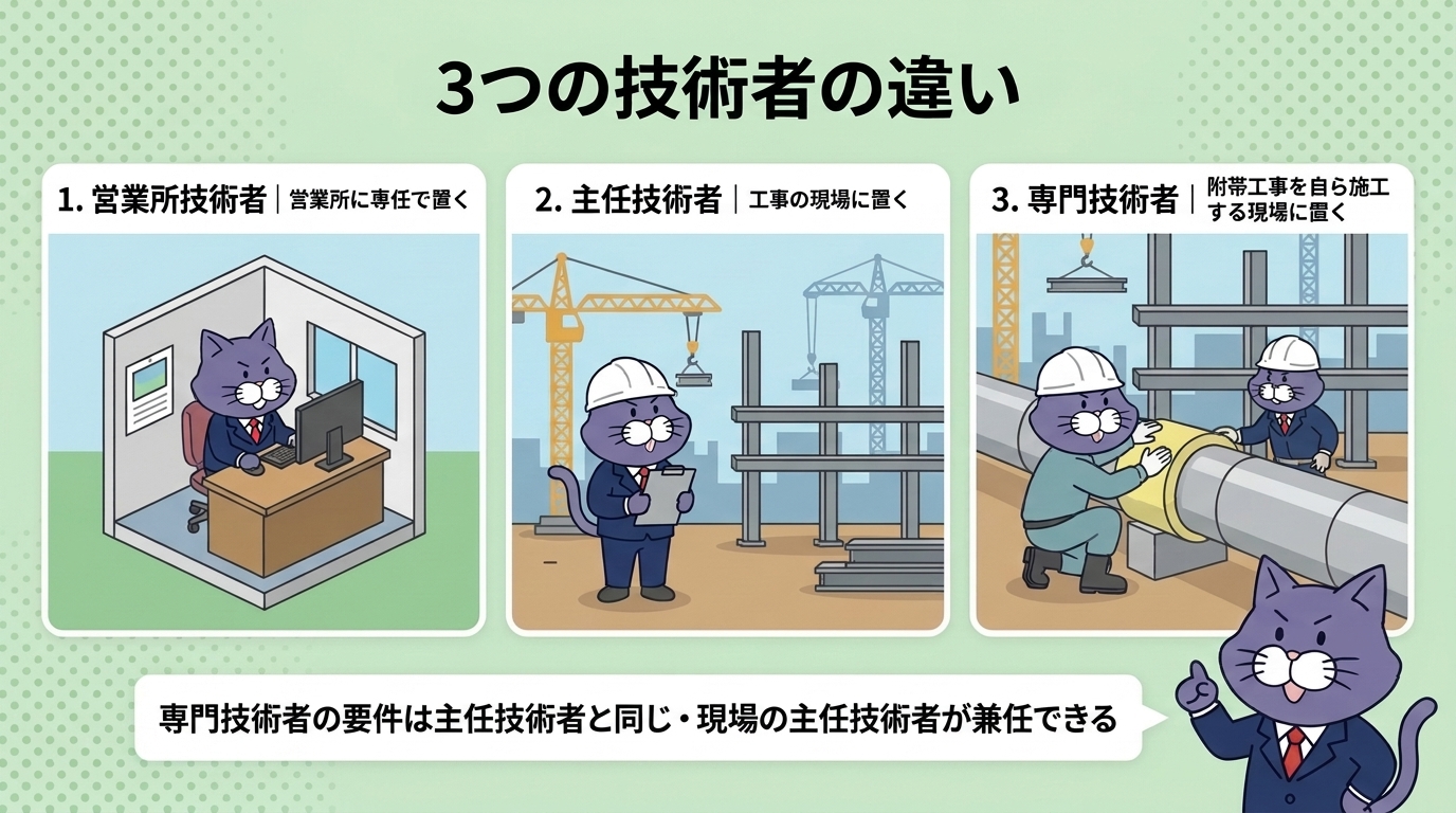 専門技術者・主任技術者・営業所技術者の違い。専門技術者は附帯工事を自ら施工するときに現場に置く技術者