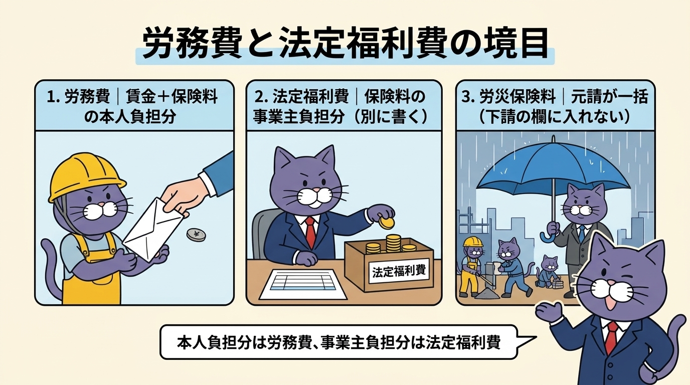 労務費には社会保険料の本人負担分が入り、事業主負担分は法定福利費として別に書く。労災保険料は元請が一括して負担する