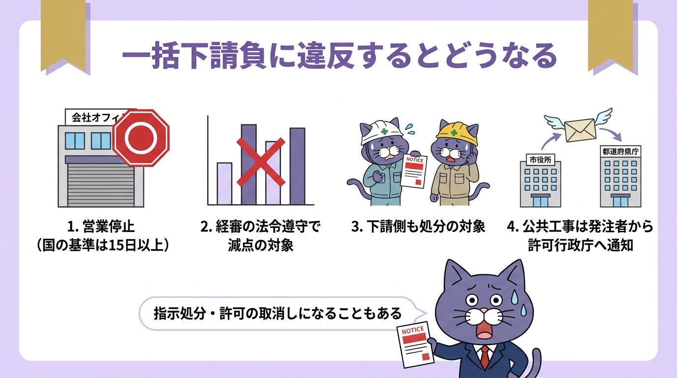 一括下請負に違反するとどうなるか。営業停止（国の基準は15日以上）、経審の法令遵守の状況で減点の対象、下請側も処分の対象、公共工事は発注者から許可行政庁へ通知