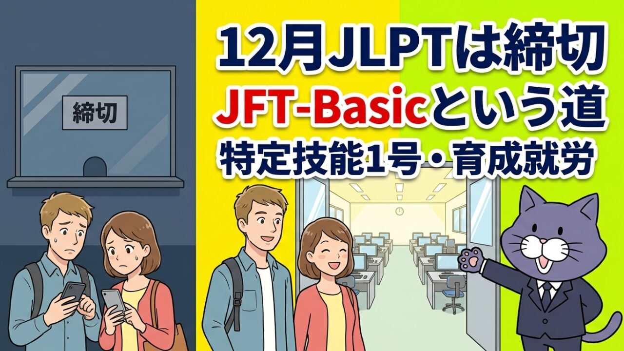 締切の窓口とJFT-Basicの試験会場を案内する猫のマスコット
