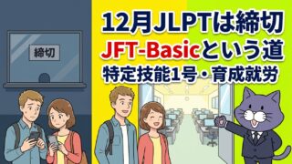 締切の窓口とJFT-Basicの試験会場を案内する猫のマスコット
