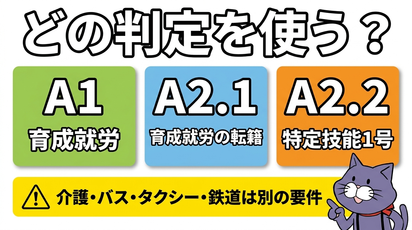 JFT-Basicの判定の使い道(A1=育成就労、A2.1=育成就労の転籍、A2.2=特定技能1号)