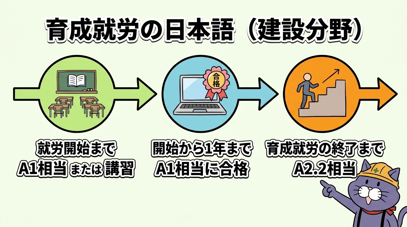 建設分野の育成就労で求められる日本語の水準(就労開始まで・1年経過時まで・終了まで)