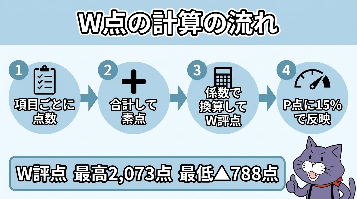 W点の計算の流れ（項目ごとの点数→素点→W評点→P点に15%で反映）の図